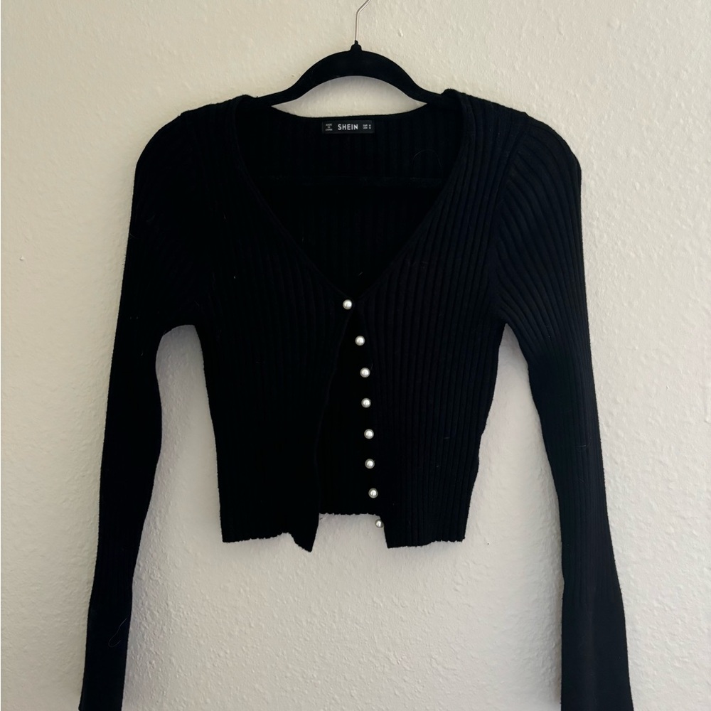Black Ribbed Cardigan with Pearl Buttons